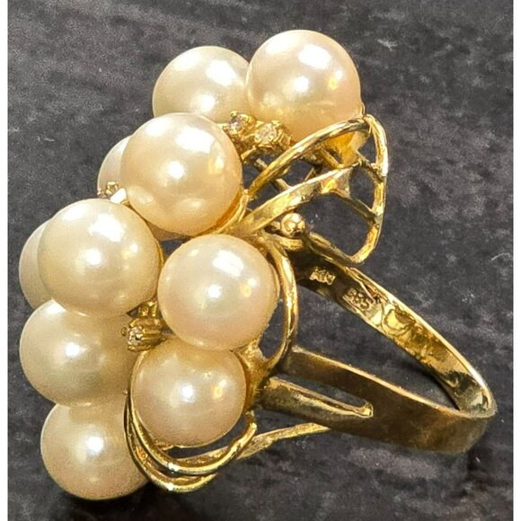 Vintage 14K Gold Cocktail Ring With Cultured Pearls & Diamonds Size 6.75 HS81 - Picture 10 of 16